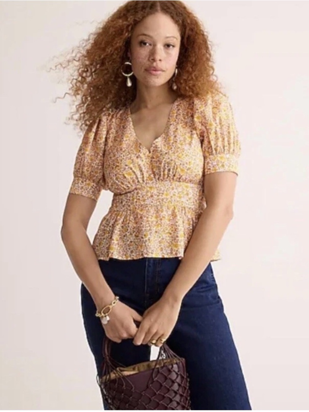 J Crew Women’s Floral Peplum Blouse — Yellow & Cream